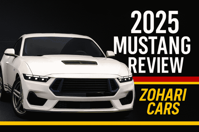 2025 Ford Mustang review thumbnail – red muscle car with Zohari Cars branding