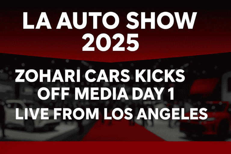 Zohari Cars kicks off Media Day 1 at the 2025 LA Auto Show with live coverage from Los Angeles — red and black themed thumbnail.