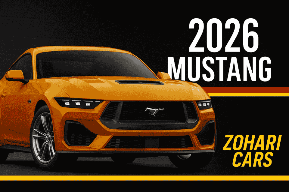 2026 Ford Mustang Review Thumbnail – Red sports car front angle with Zohari Cars branding
